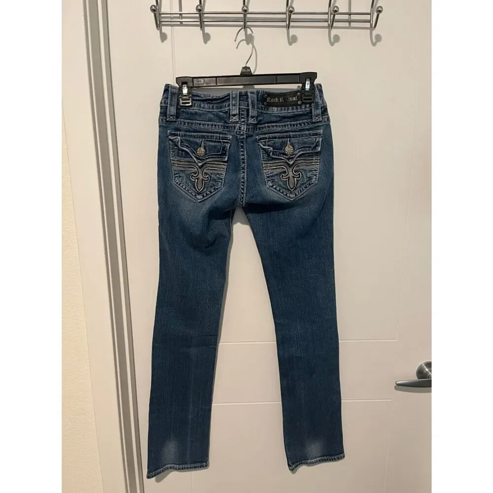 Rock Revival Tori Straight Blue Factory Distressed Denim Jeans Western Rodeo